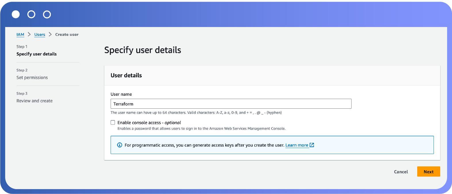 create a terraform user